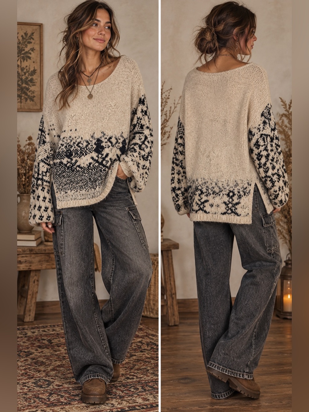 Free People Cottagecore 90’s Grunge Cabincore Cream & Black Knit Sweater Small P